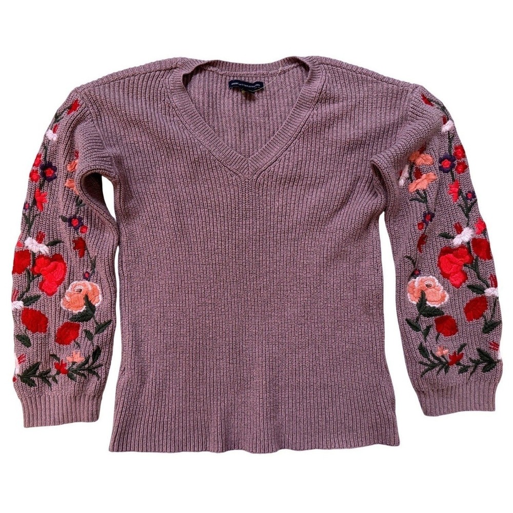 American Eagle Embroidered‎ Coquette Sweater Womens XS VNeck Floral Cottagecore